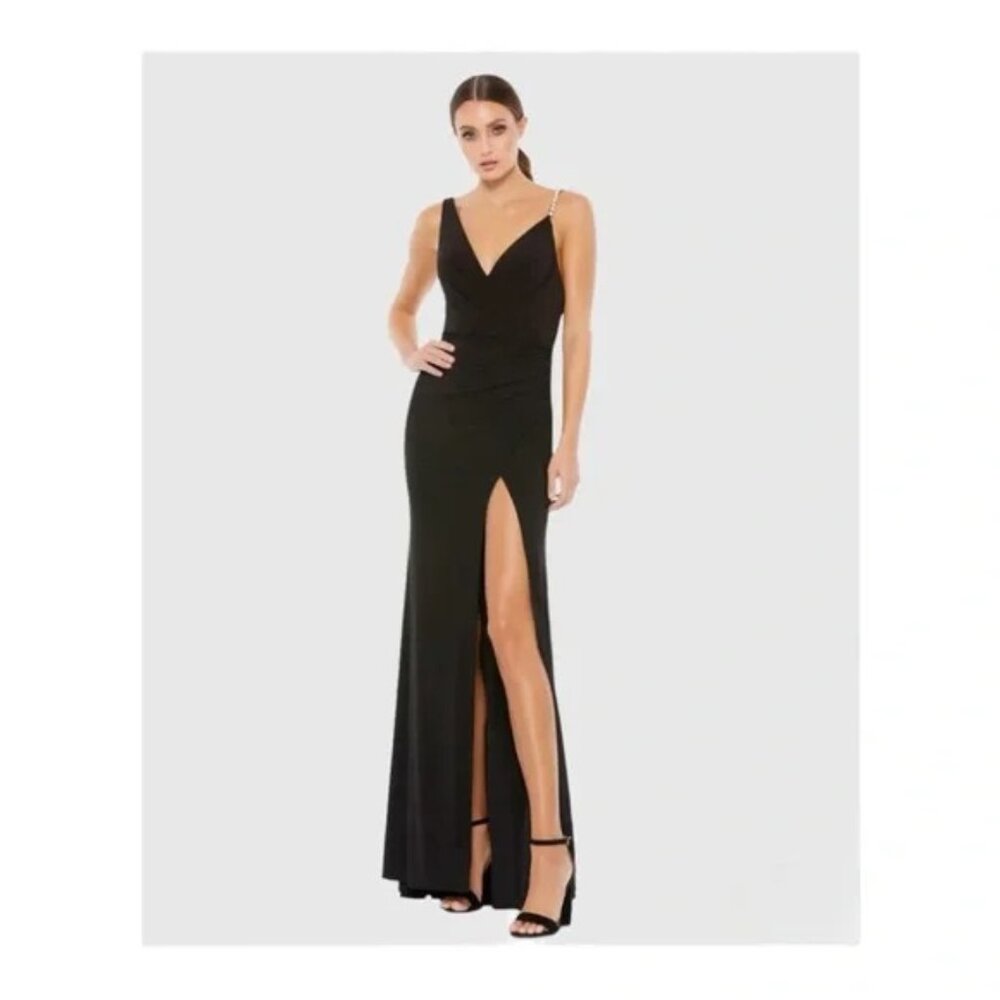 Mac Duggal Asymmetrical imitation Pearl Strap Column Black V Neck Gown Dress 14